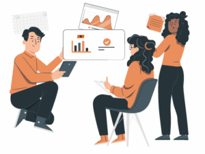 Illustration von drei Personen, die an Diagrammen arbeiten; eine Person sitzt und macht Notizen, die anderen präsentieren Daten auf Tafeln.