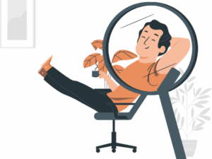 Illustration einer entspannt zurückgelehnten Person mit Kaffeetasse auf einem Bürostuhl, die durch eine große Lupe betrachtet wird.