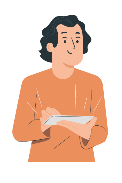 Illustration einer Person mit mittellangen dunklen Haaren in orangefarbenem Pullover, die ein Tablet hält und darauf tippt.
