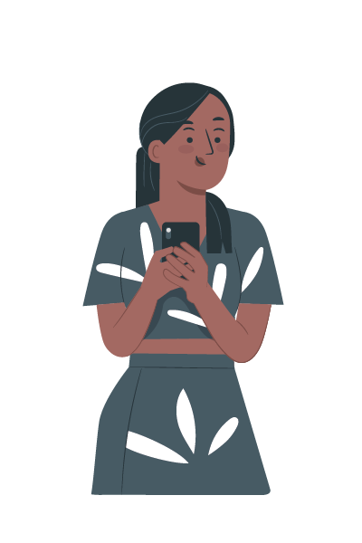 Illustration einer Frau mit langen, dunklen Haaren, die ein Smartphone in beiden Händen hält und nachdenklich zur Seite blickt. Sie trägt ein zweiteiliges Outfit mit floralem Muster.