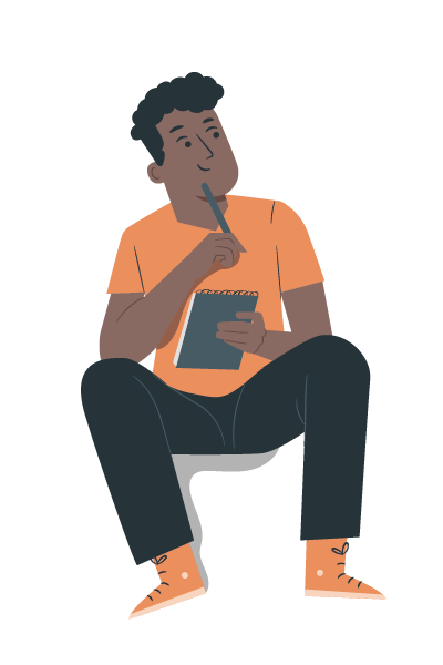 Illustration einer Person mit dunkler Hautfarbe und lockigem Haar, die nachdenklich auf einem Notizblock schreibt.